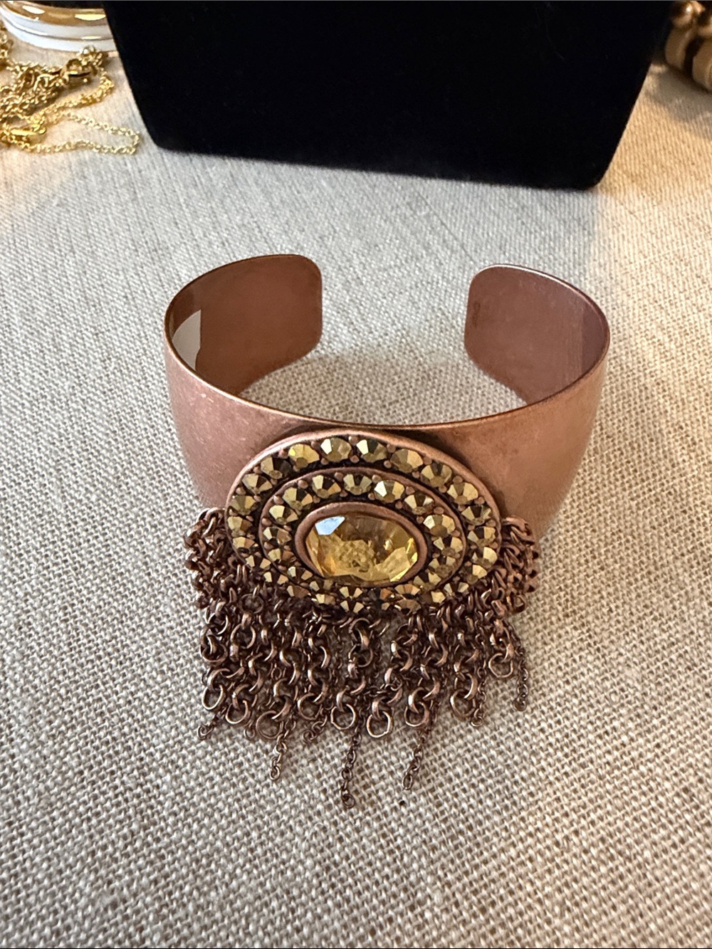 Copper-Tone Fringe Cuff Bracelet with Yellow Gem Accent